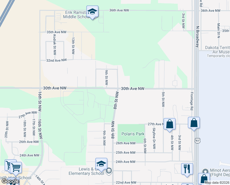 map of restaurants, bars, coffee shops, grocery stores, and more near 2957 8th Street Northwest in Minot