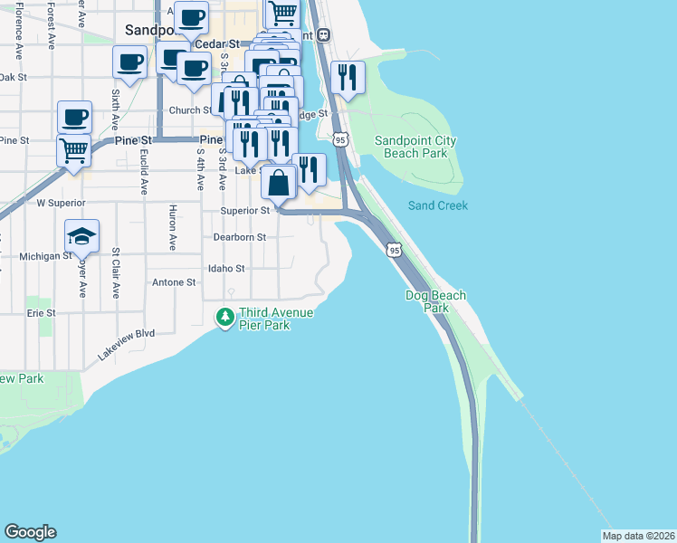 map of restaurants, bars, coffee shops, grocery stores, and more near 301 Iberian Way in Sandpoint