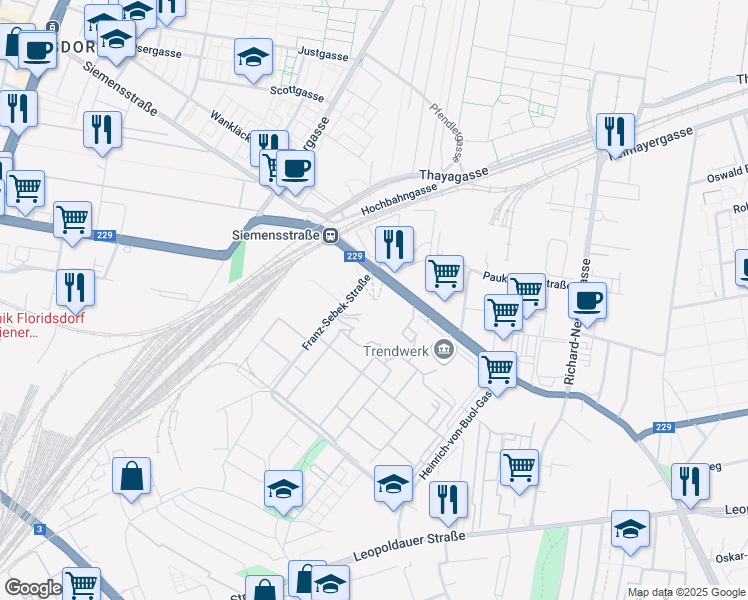 map of restaurants, bars, coffee shops, grocery stores, and more near 90 Siemensstraße in Wien