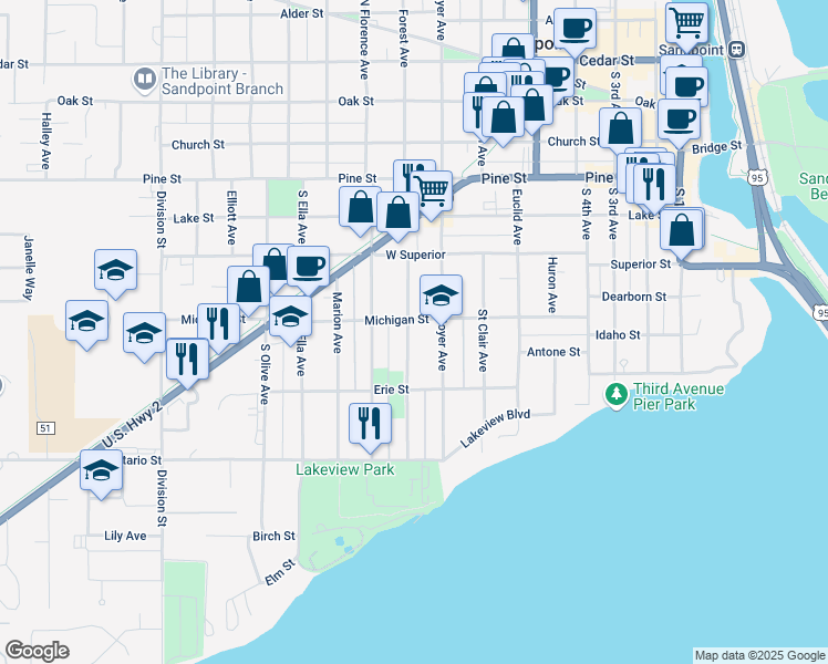 map of restaurants, bars, coffee shops, grocery stores, and more near 426 South Boyer Avenue in Sandpoint