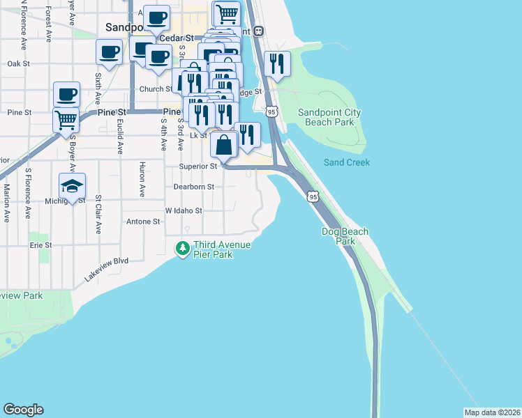 map of restaurants, bars, coffee shops, grocery stores, and more near 301 Iberian Way in Sandpoint