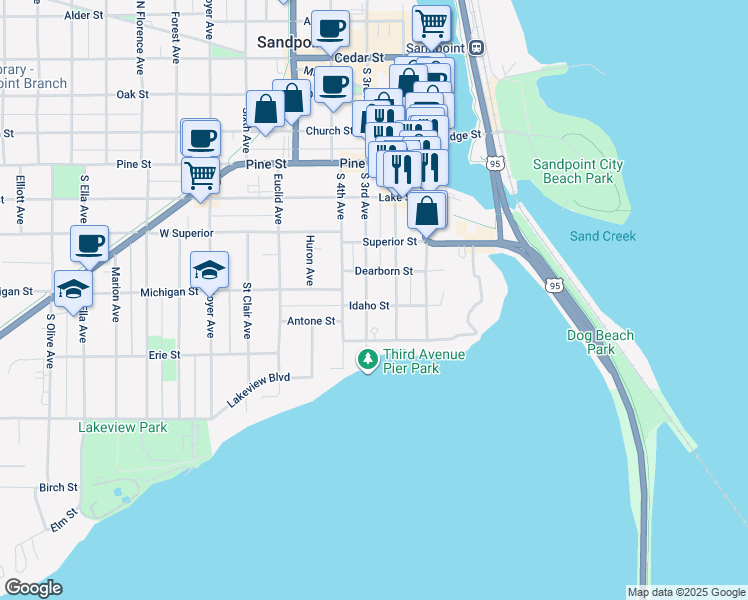 map of restaurants, bars, coffee shops, grocery stores, and more near 214 Pacific Street in Sandpoint