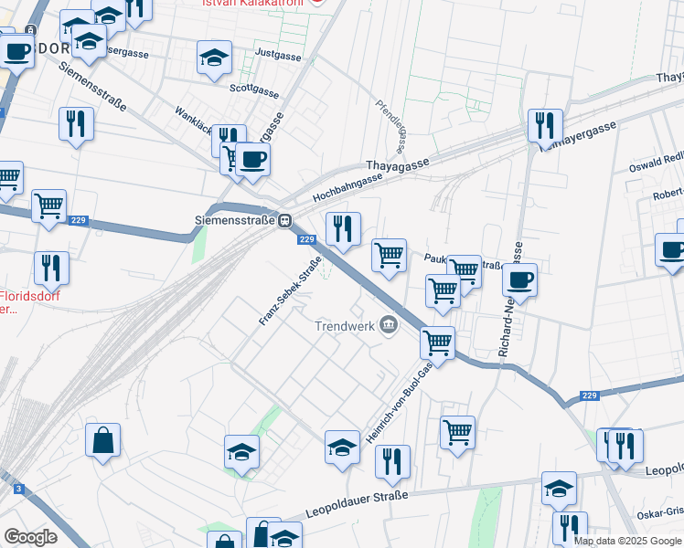 map of restaurants, bars, coffee shops, grocery stores, and more near 90 Siemensstraße in Wien