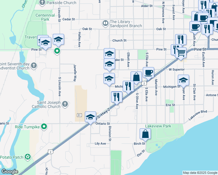 map of restaurants, bars, coffee shops, grocery stores, and more near 410 South Division Avenue in Sandpoint