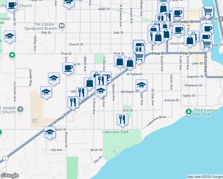 map of restaurants, bars, coffee shops, grocery stores, and more near 1009 U.S. 2 in Sandpoint