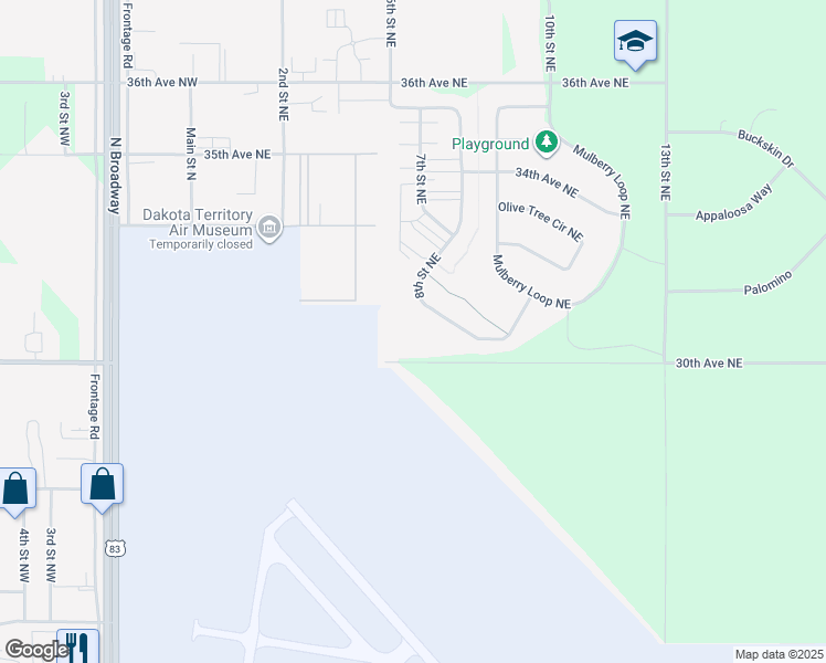 map of restaurants, bars, coffee shops, grocery stores, and more near 3211 8th Street Northeast in Minot