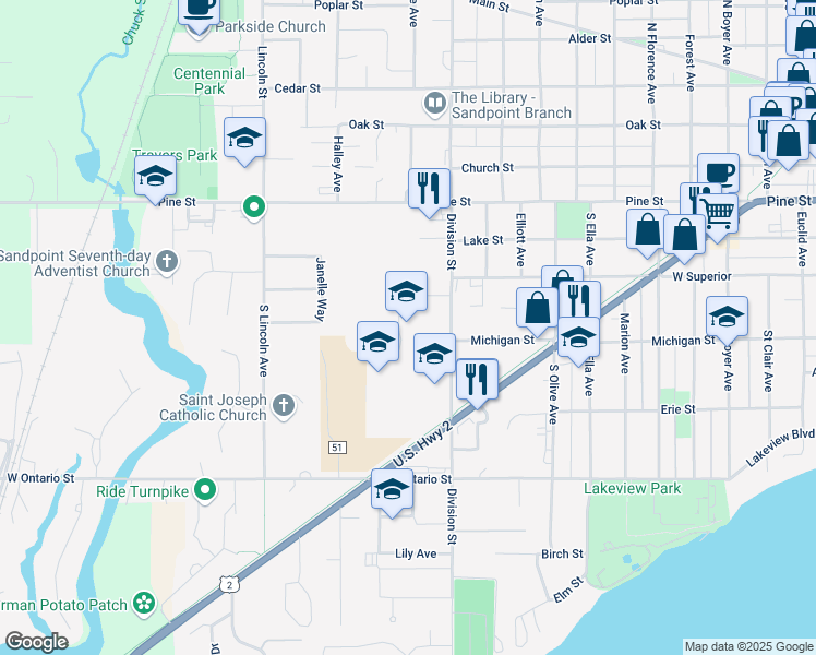 map of restaurants, bars, coffee shops, grocery stores, and more near 310 South Division Avenue in Sandpoint