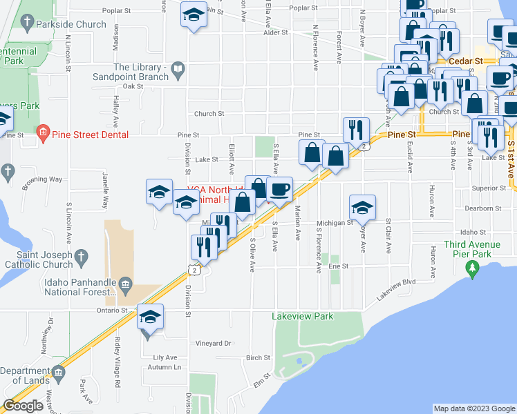 map of restaurants, bars, coffee shops, grocery stores, and more near 337 South Olive Avenue in Sandpoint