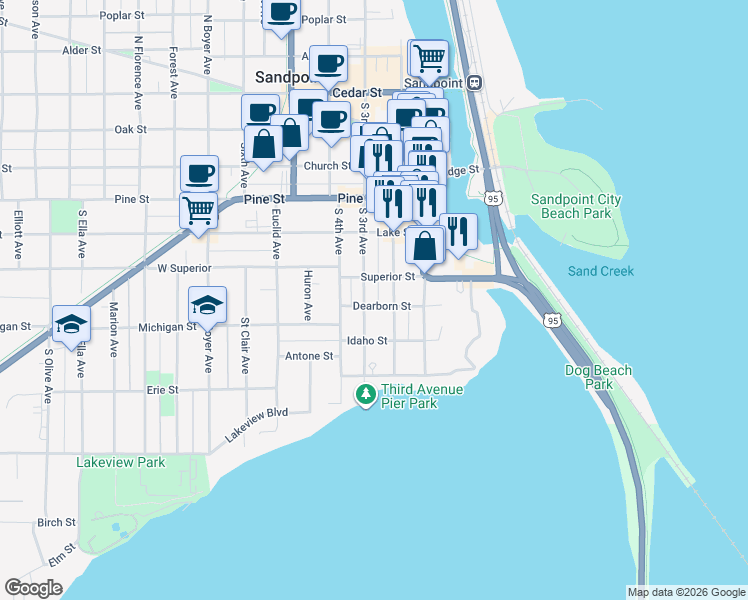 map of restaurants, bars, coffee shops, grocery stores, and more near 218 Dearborn Street in Sandpoint