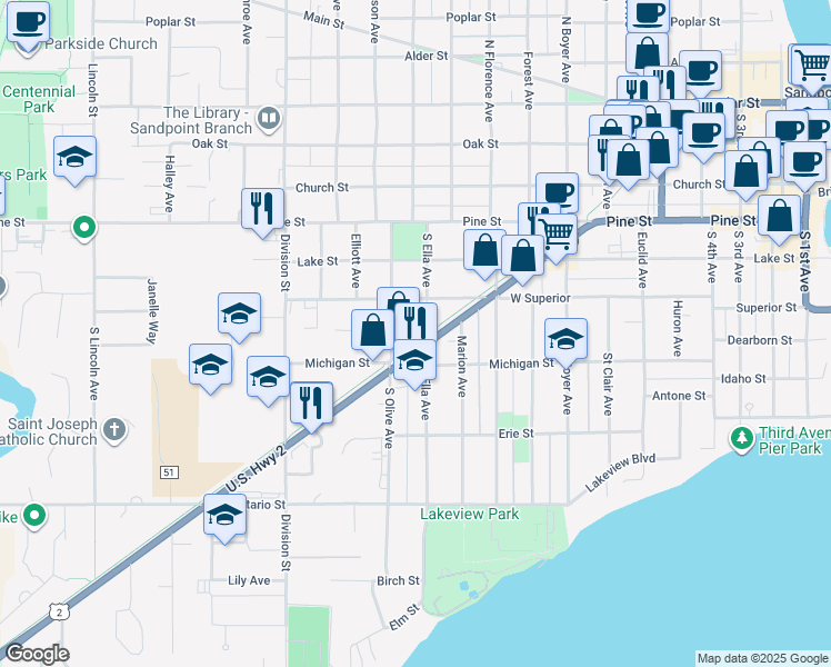 map of restaurants, bars, coffee shops, grocery stores, and more near 337 South Olive Avenue in Sandpoint