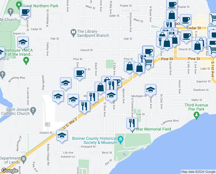 map of restaurants, bars, coffee shops, grocery stores, and more near 337 South Olive Avenue in Sandpoint