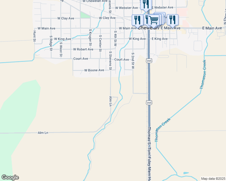 map of restaurants, bars, coffee shops, grocery stores, and more near 609 South Stevens Street in Chewelah