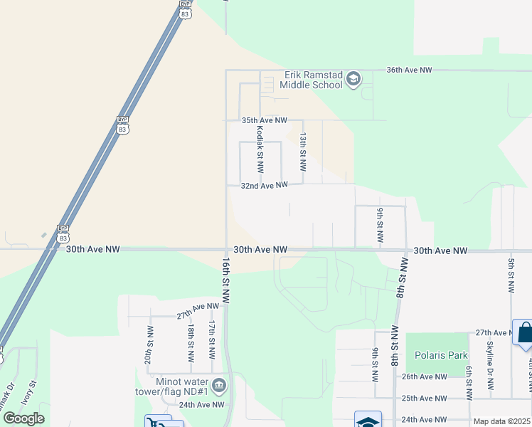 map of restaurants, bars, coffee shops, grocery stores, and more near 1410 30th Avenue Northwest in Minot