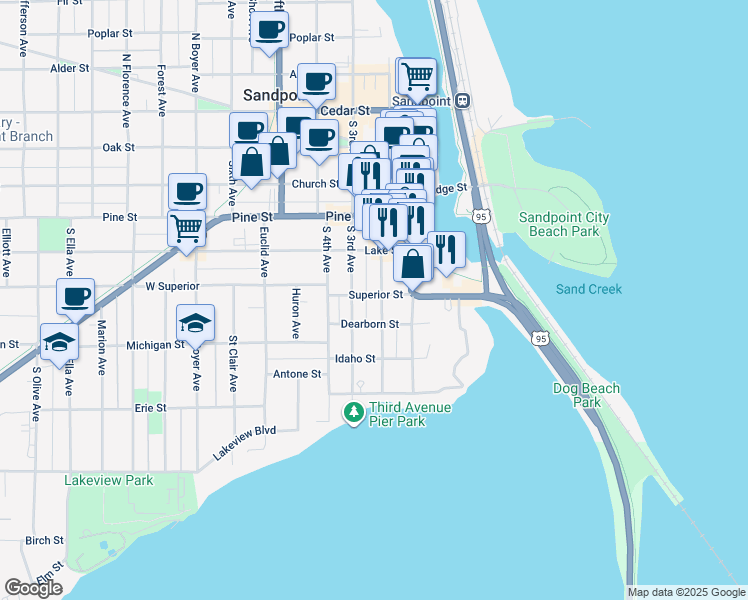 map of restaurants, bars, coffee shops, grocery stores, and more near 218 Dearborn Street in Sandpoint