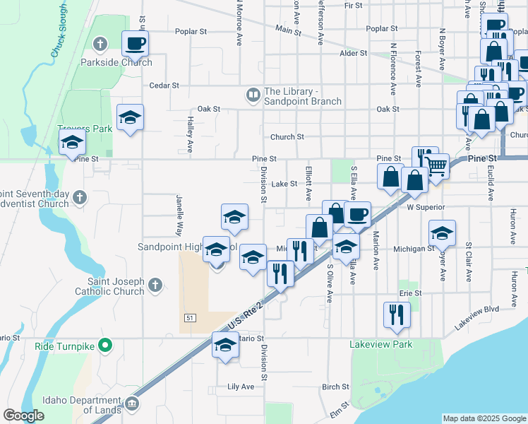 map of restaurants, bars, coffee shops, grocery stores, and more near 310 South Division Avenue in Sandpoint