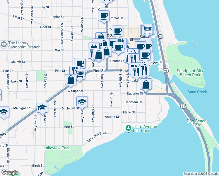 map of restaurants, bars, coffee shops, grocery stores, and more near 424 Superior Street in Sandpoint
