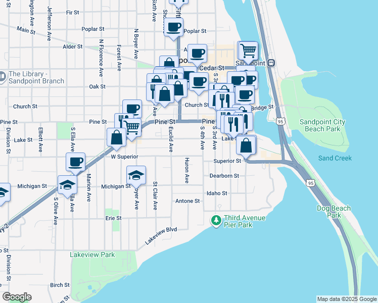 map of restaurants, bars, coffee shops, grocery stores, and more near 424 Superior Street in Sandpoint