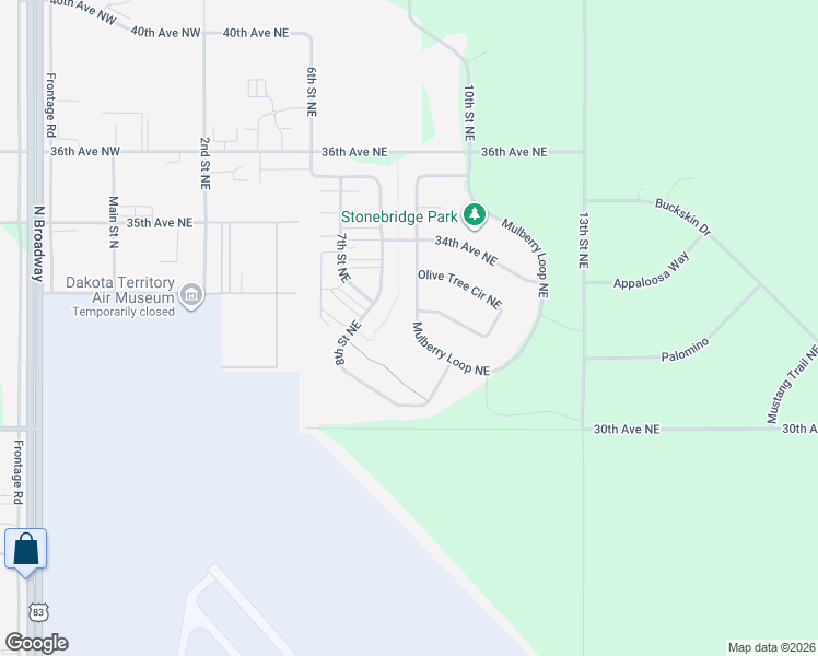 map of restaurants, bars, coffee shops, grocery stores, and more near 107 Mulberry Loop Northeast in Minot