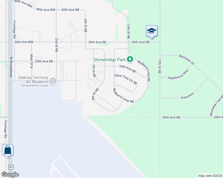 map of restaurants, bars, coffee shops, grocery stores, and more near 107 Mulberry Loop Northeast in Minot