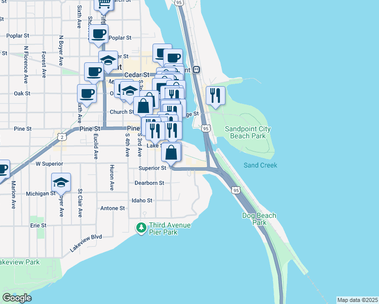 map of restaurants, bars, coffee shops, grocery stores, and more near 198 E Lake St in Sandpoint