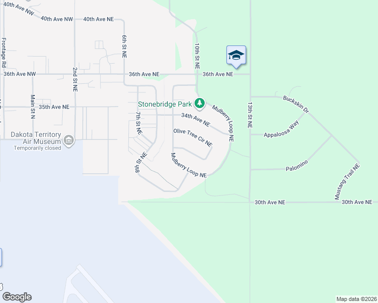 map of restaurants, bars, coffee shops, grocery stores, and more near Olive Tree Circle in Minot