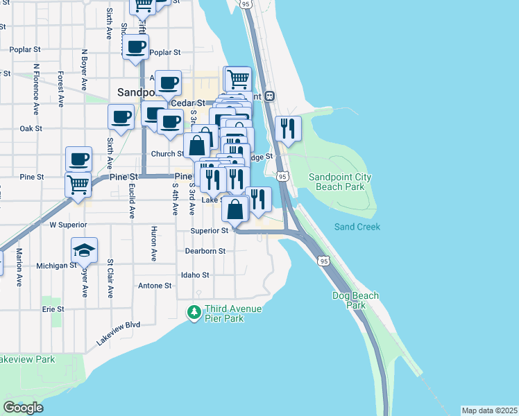 map of restaurants, bars, coffee shops, grocery stores, and more near 198 Lake Street in Sandpoint