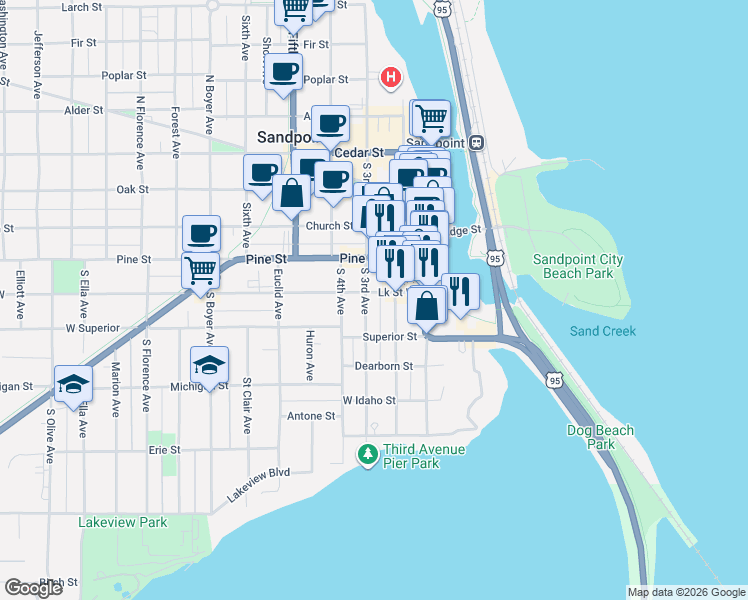 map of restaurants, bars, coffee shops, grocery stores, and more near 217 South 3rd Avenue in Sandpoint