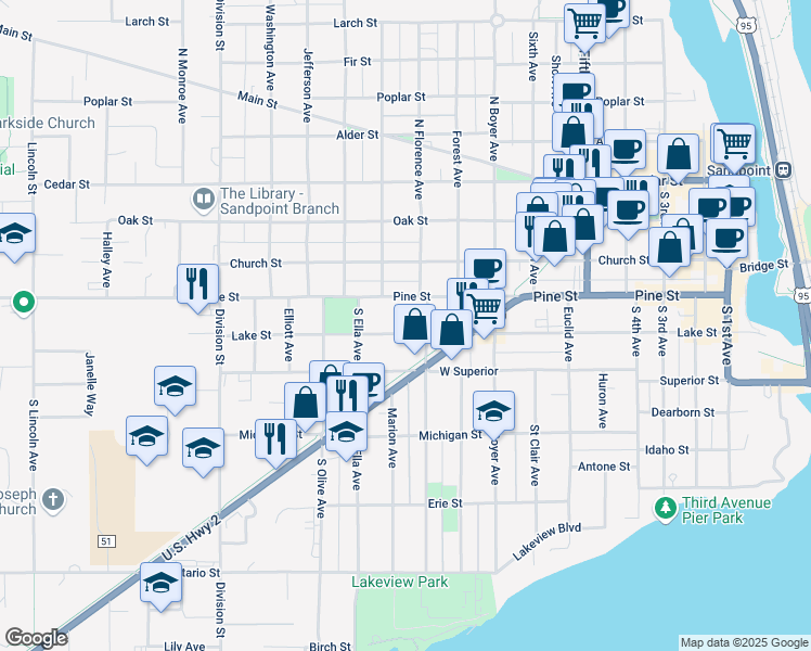 map of restaurants, bars, coffee shops, grocery stores, and more near 905 Pine Street in Sandpoint