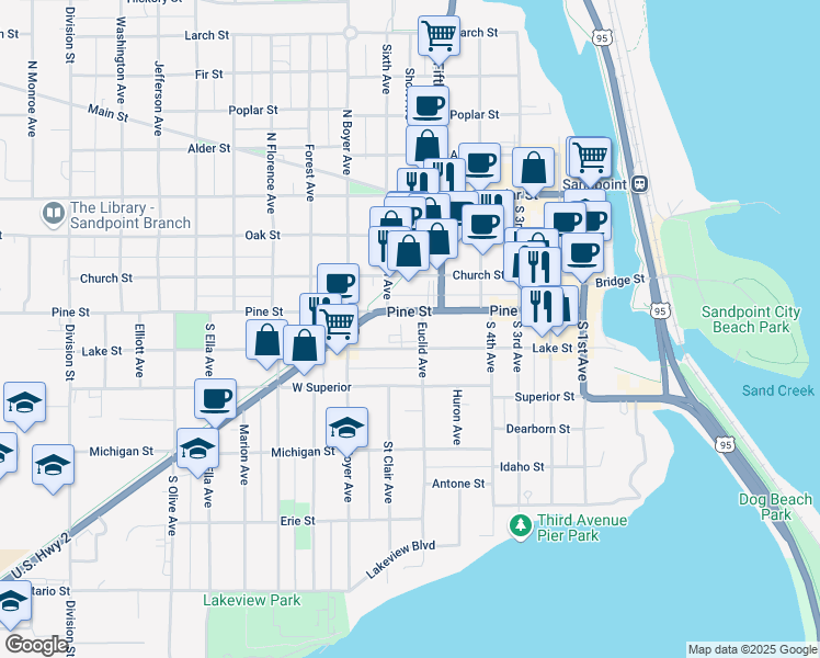 map of restaurants, bars, coffee shops, grocery stores, and more near 102 Euclid Avenue in Sandpoint