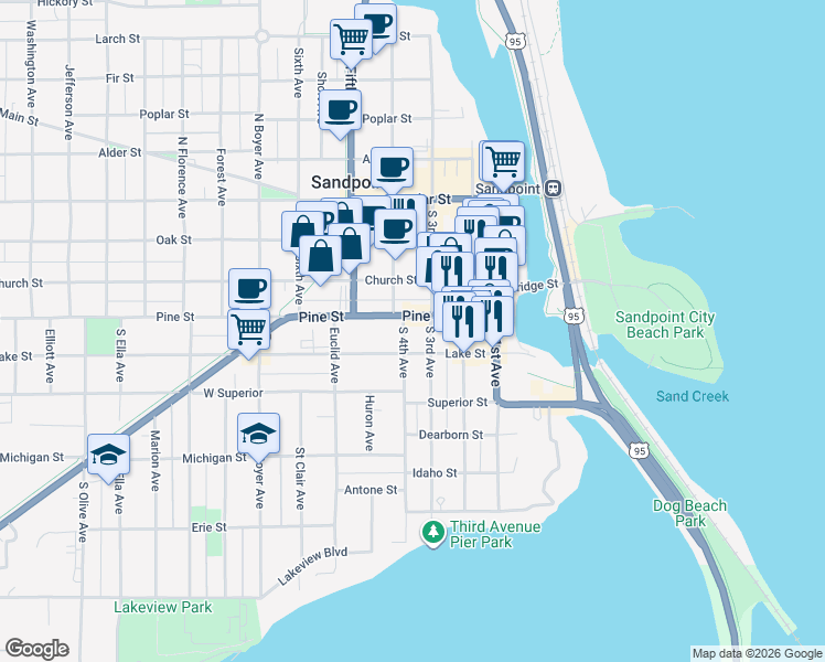 map of restaurants, bars, coffee shops, grocery stores, and more near 102 South 4th Avenue in Sandpoint