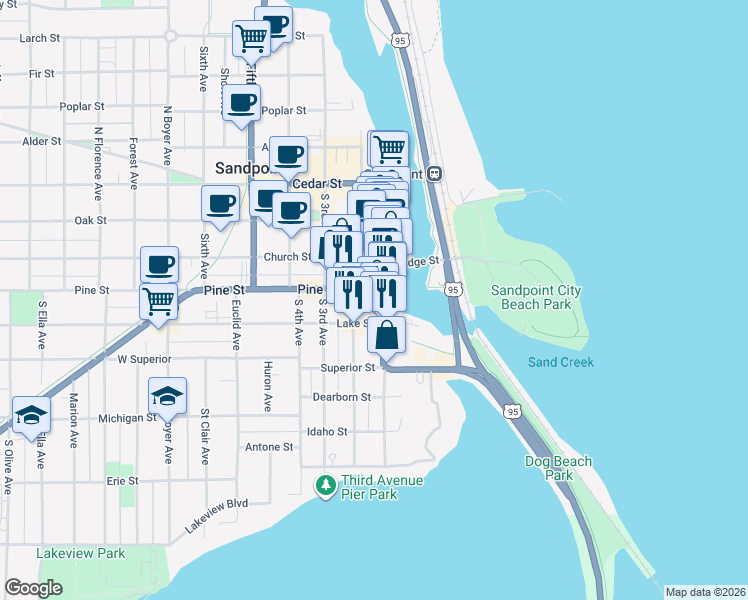 map of restaurants, bars, coffee shops, grocery stores, and more near 102 South 1st Avenue in Sandpoint