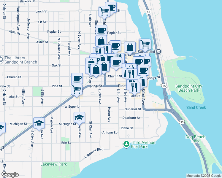 map of restaurants, bars, coffee shops, grocery stores, and more near 421 U.S. 2 in Sandpoint