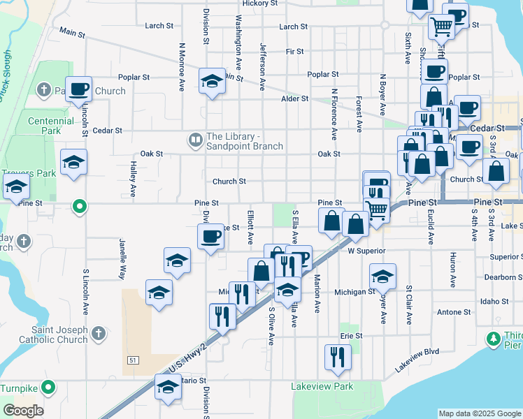 map of restaurants, bars, coffee shops, grocery stores, and more near 1212 Pine Street in Sandpoint
