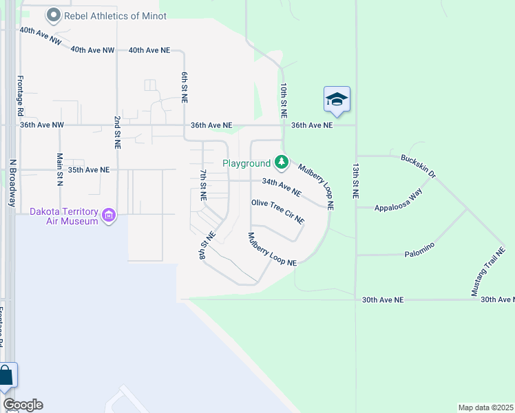 map of restaurants, bars, coffee shops, grocery stores, and more near 78 Mulberry Loop Northeast in Minot