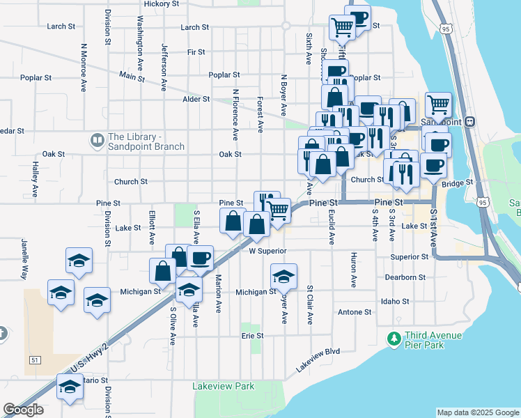 map of restaurants, bars, coffee shops, grocery stores, and more near 803 Pine Street in Sandpoint