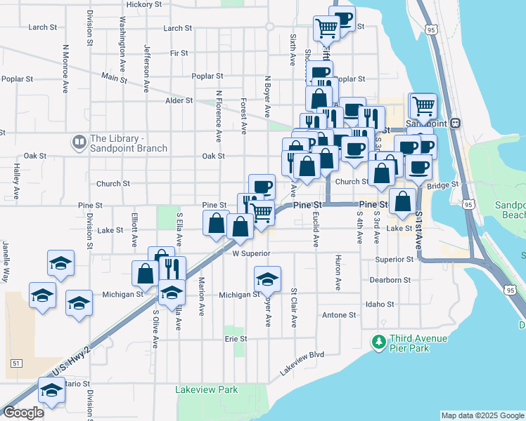 map of restaurants, bars, coffee shops, grocery stores, and more near 102 South Boyer Avenue in Sandpoint