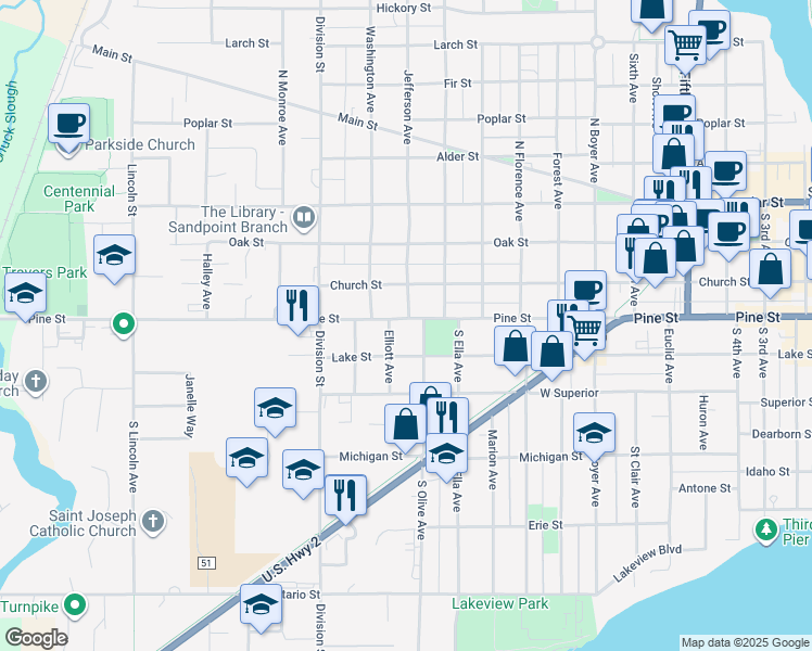 map of restaurants, bars, coffee shops, grocery stores, and more near 1212 Pine Street in Sandpoint