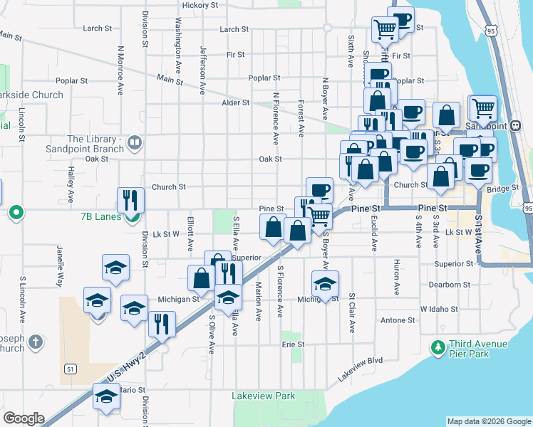 map of restaurants, bars, coffee shops, grocery stores, and more near 905 Pine Street in Sandpoint
