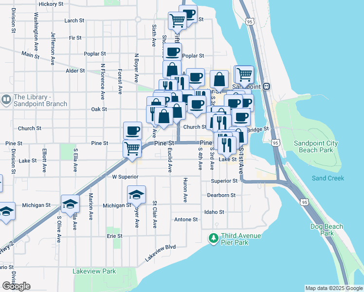 map of restaurants, bars, coffee shops, grocery stores, and more near 421 U.S. 2 in Sandpoint