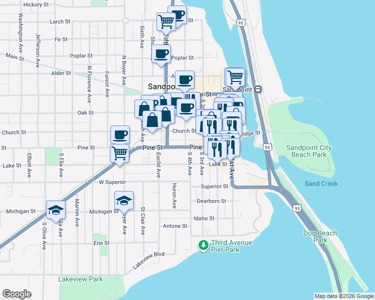 map of restaurants, bars, coffee shops, grocery stores, and more near 102 South 4th Avenue in Sandpoint