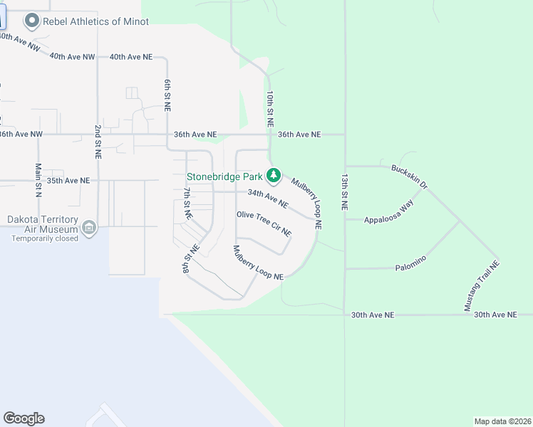 map of restaurants, bars, coffee shops, grocery stores, and more near Olive Tree Circle in Minot