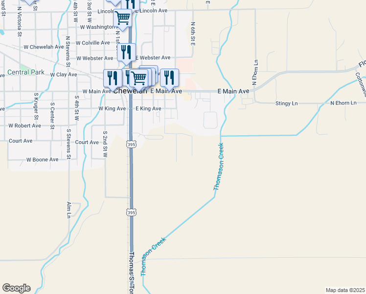 map of restaurants, bars, coffee shops, grocery stores, and more near 401 South 5th Street East in Chewelah
