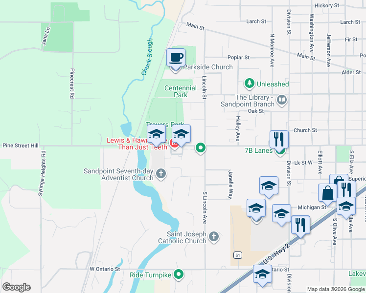 map of restaurants, bars, coffee shops, grocery stores, and more near 2099 Pine Street in Sandpoint