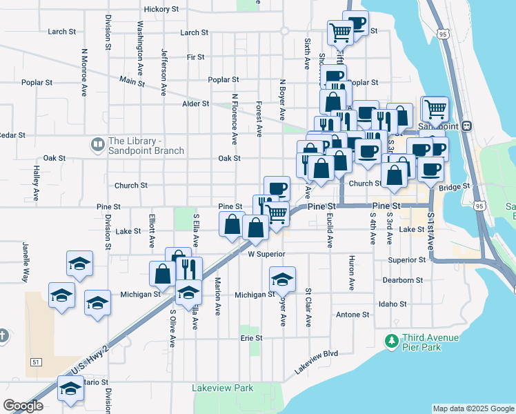 map of restaurants, bars, coffee shops, grocery stores, and more near 803 Pine Street in Sandpoint