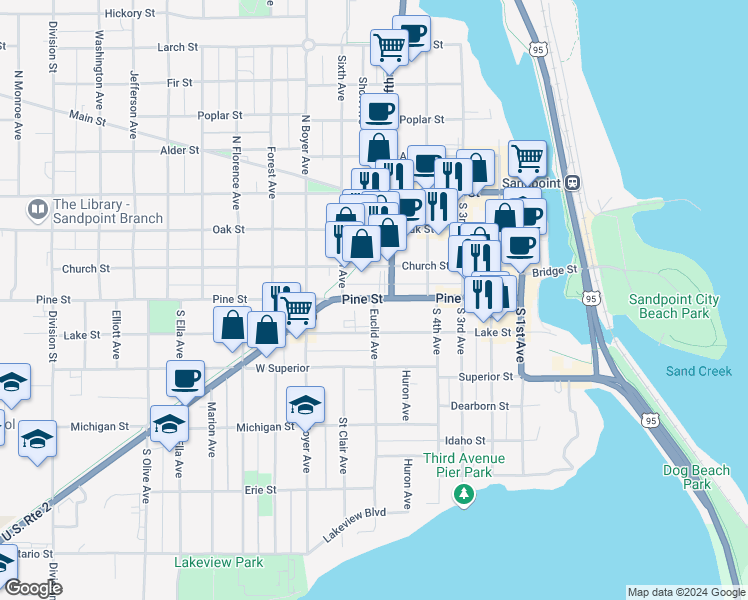 map of restaurants, bars, coffee shops, grocery stores, and more near 102 Euclid Avenue in Sandpoint
