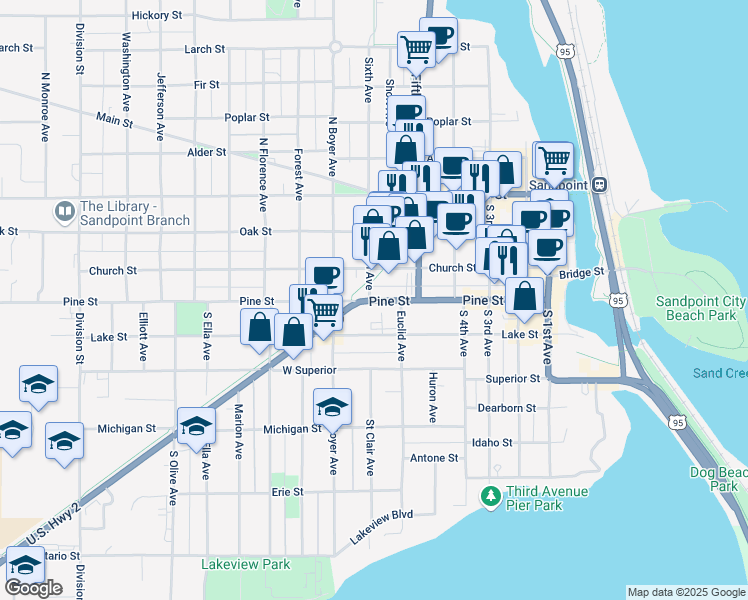 map of restaurants, bars, coffee shops, grocery stores, and more near 106 North 6th Avenue in Sandpoint