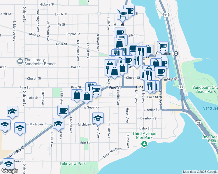 map of restaurants, bars, coffee shops, grocery stores, and more near 106 North 6th Avenue in Sandpoint