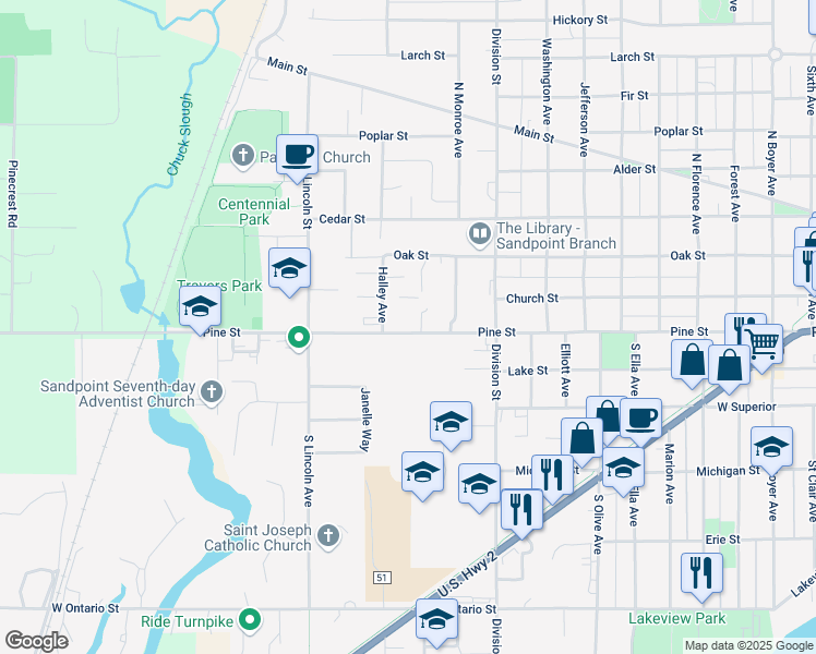 map of restaurants, bars, coffee shops, grocery stores, and more near 1602 Pine Street in Sandpoint