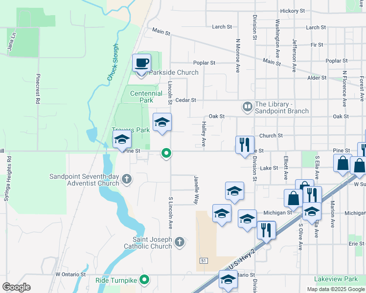 map of restaurants, bars, coffee shops, grocery stores, and more near 1802 Pine Street in Sandpoint