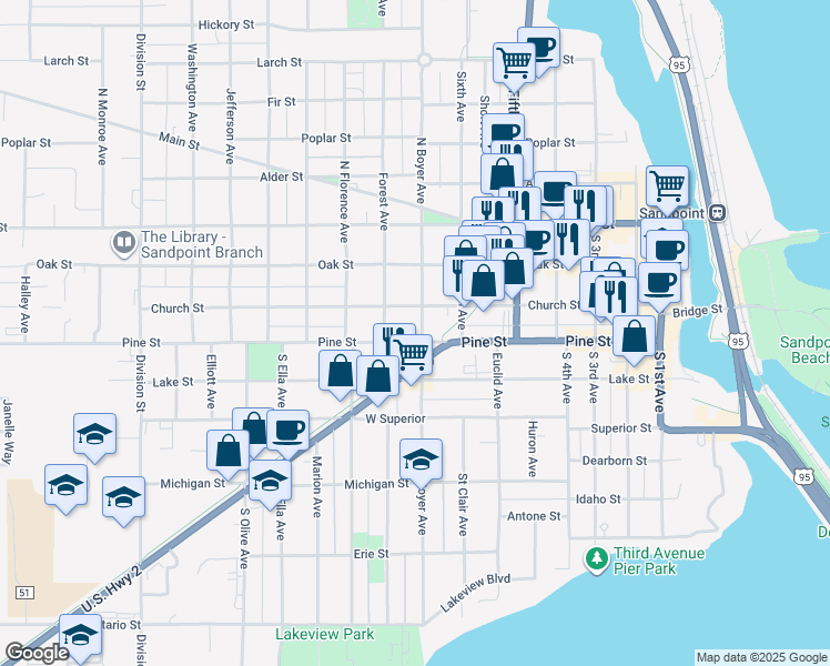 map of restaurants, bars, coffee shops, grocery stores, and more near 102 South Boyer Avenue in Sandpoint